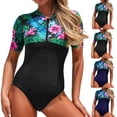 thumbnail image 5 of ZQUUVOU Women's Short Sleeve Rash Guard Vintage Fashion Printed High Cut Modest Coverage Swimwear Built in Bra Beach Wear Black, 5 of 5