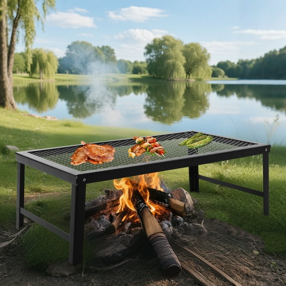 Foldable Outdoor Campfire Grill, Heavy-Duty Steel Mesh Cooking Rack, Portable BBQ Grill for Camping