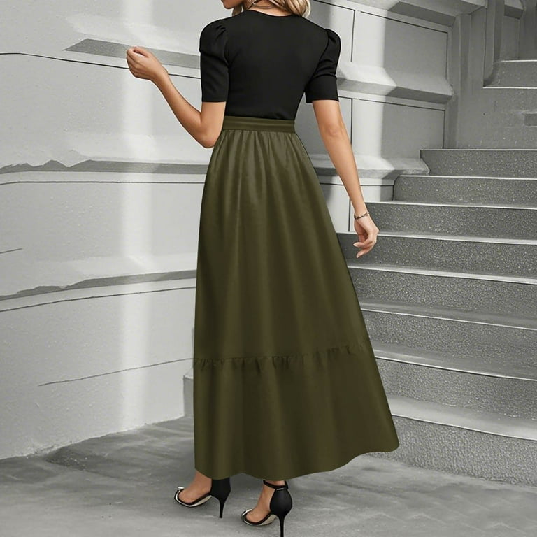 Tqwqt Dresses for Women 2025 Short Sleeve Plain Print Maxi Teacher Dress Empire Waist Casual Patchwork Ruffle Hem A Line Dresses Formal Funeral Outfit