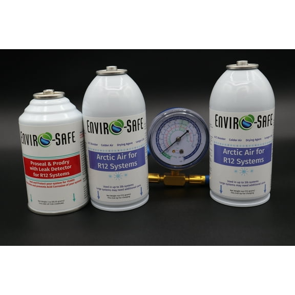Envirosafe Arctic Air for R12, Proseal, Prodry, and Leak Detector for R12, with Gauge