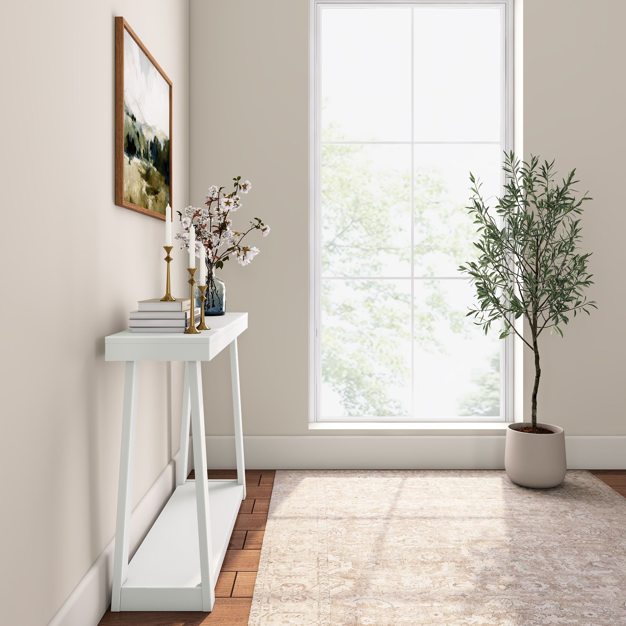 Plank+Beam 46" Solid Wood Console Table with Storage, Sofa Table with Shelf, Narrow Entryway Table for Hallway, White