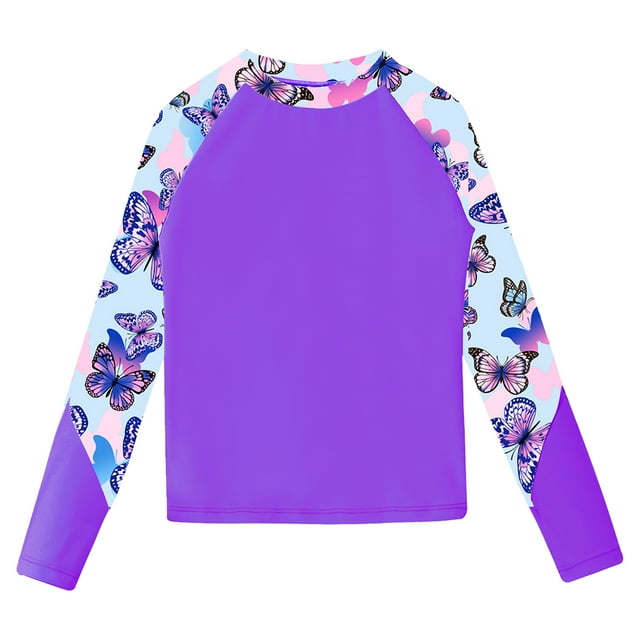 YONGHS Kids Girls Floral Long Sleeve Upf 50+ Rashguard Shirts Quick Dry Swim Top Tankini Swimsuits Purple 10