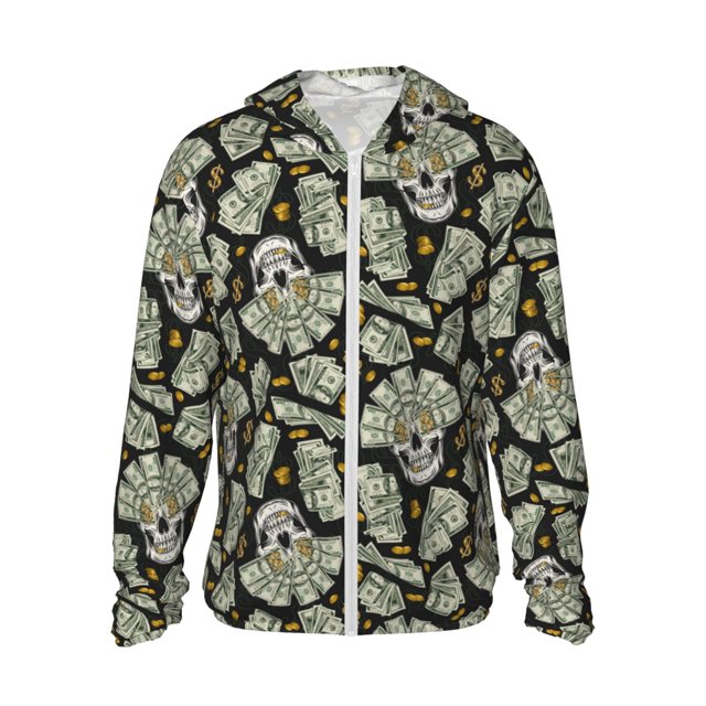 Fotbe Skull with Dollar Chaqueta con Protección Solar UPF 50+ para Hombre y Mujer, Camisa con Capucha y Bolsillos-XX-Large