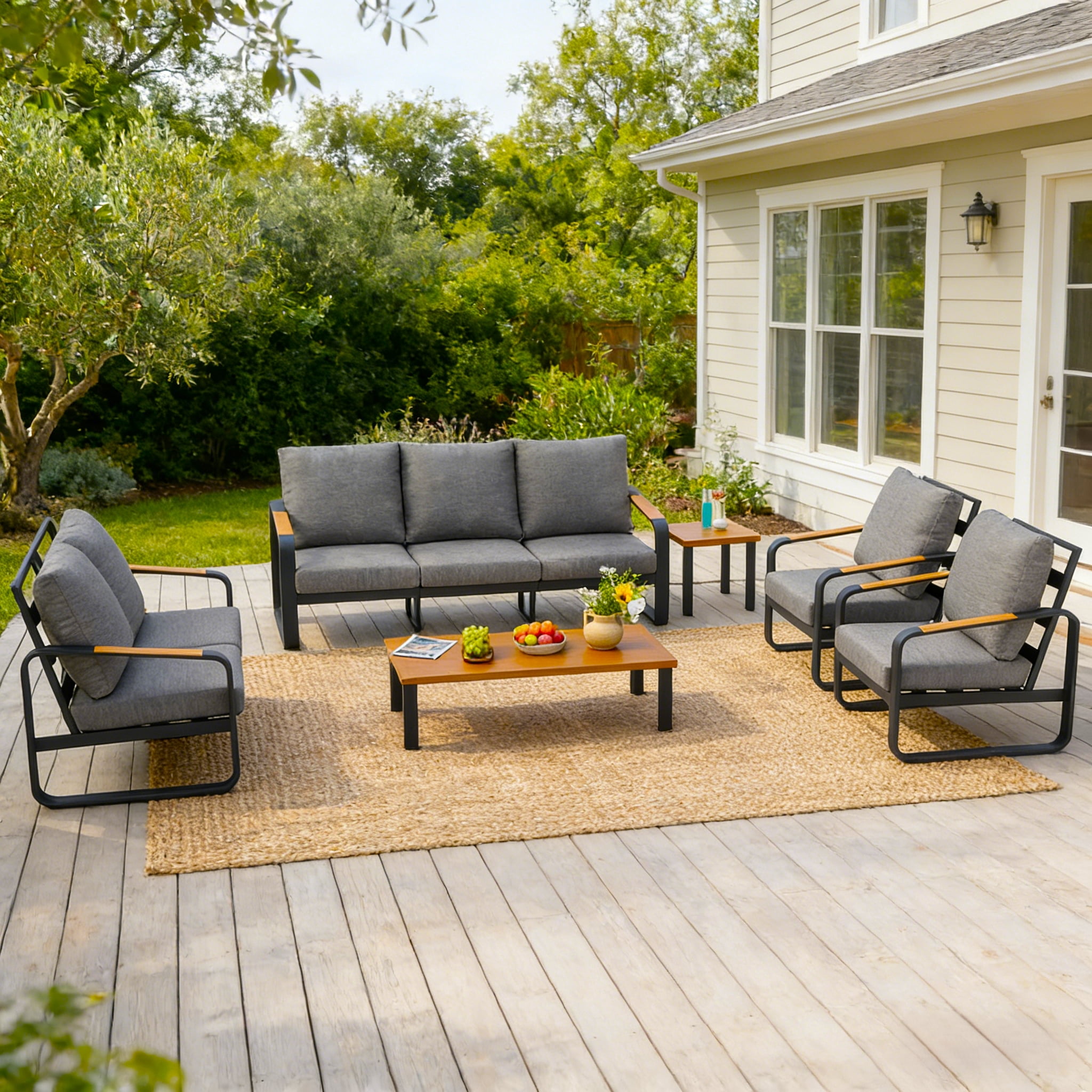 Fnova 6 Piece Patio Conversation Sets, Outdoor Patio Furniture Set with Coffee Table & Thick Cushions, Outdoor Sectional Furniture Set for Porch, Balcony, Backyard
