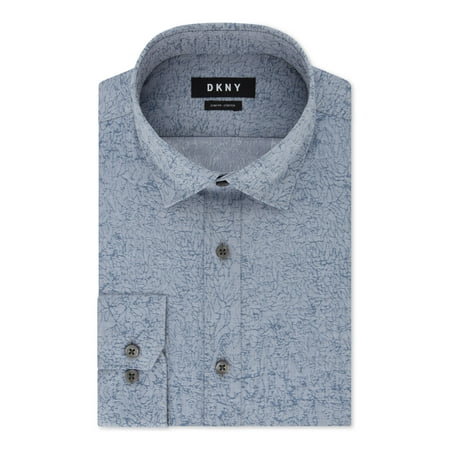 DKNY Mens Blue Patterned Collared Classic Fit Dress Shirt S 14.5- 32/33