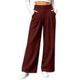 thumbnail image 2 of VBVC Women's Waffle Wide Leg Pants , Pleated High Waisted Trousers For Women , Ladies' Pull On Work Pants with Pockets, Wine , S-3XL, 2 of 6