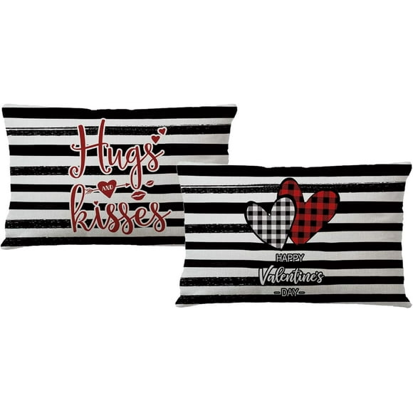 Ensemble de 2 Housses de Coussin de la Saint-Valentin Rayées Rouges et Noires à Carreaux Buffalo Rectangulaires/taille Housse de Coussin Cadeau Romantique de Ferme Citation d'Amour Décorations Maison Taies d'Oreiller 12 Pouces20 Pouces (12 Pouces20 Pouces)