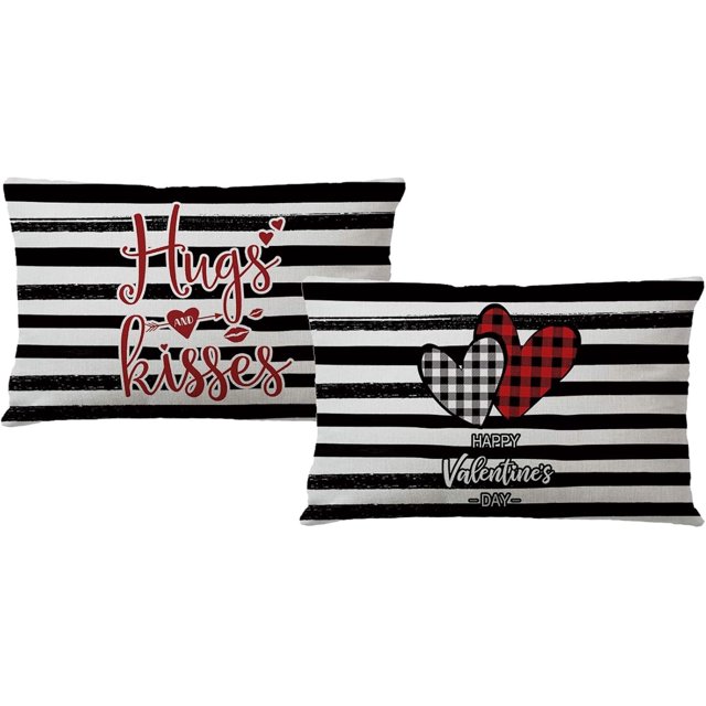 Ensemble de 2 Housses de Coussin de la Saint-Valentin Rayées Rouges et Noires à Carreaux Buffalo Rectangulaires/taille Housse de Coussin Cadeau Romantique de Ferme Citation d'Amour Décorations Maison Taies d'Oreiller 12 Pouces20 Pouces (12 Pouces20 Pouces)