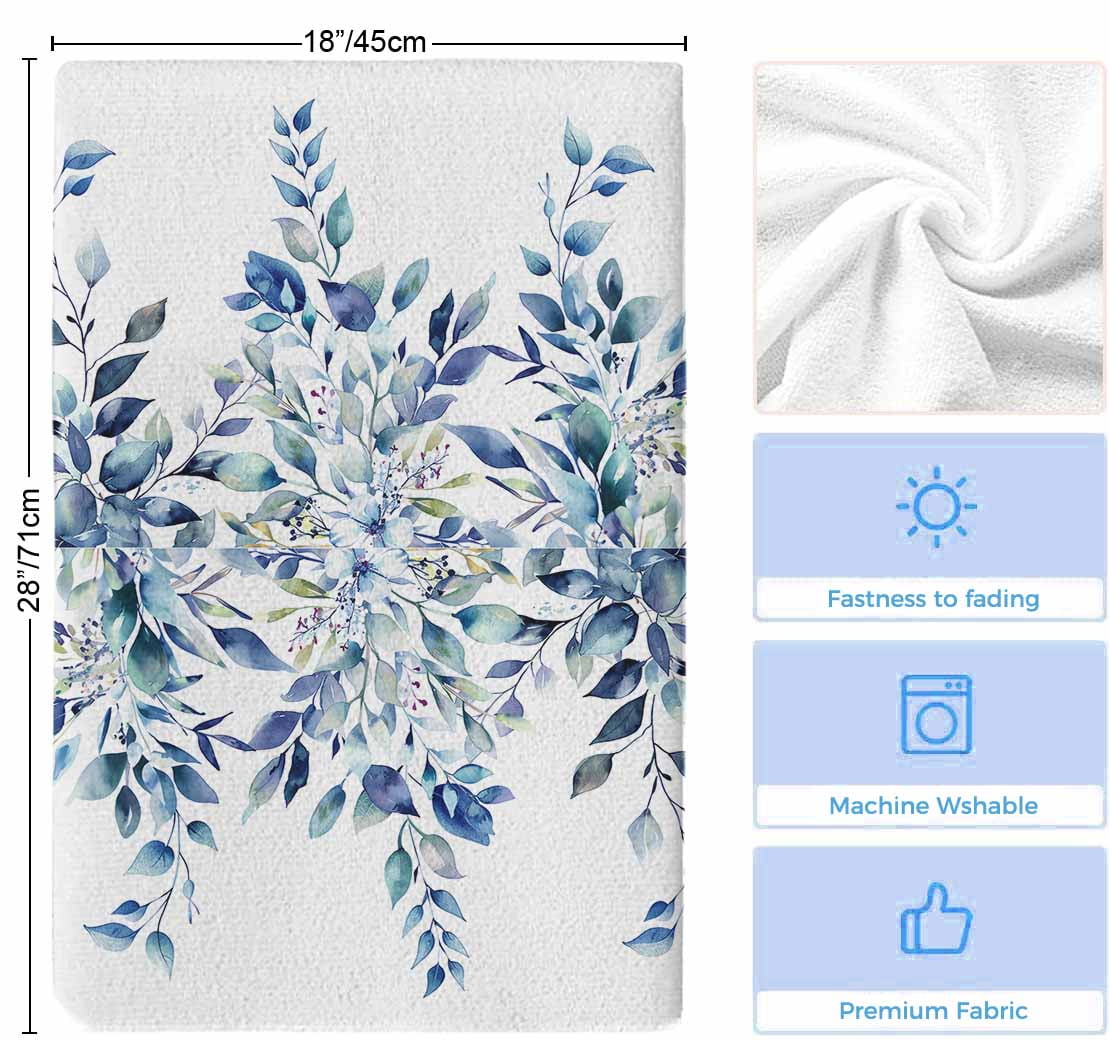 Blue Teal Eucalyptus Leaves Kitchen Towels Set of 2, Watercolor Weeping Botanical Soft Microfiber Dish Towels, Absorbent Washable Dishcloths for Kitchen Cleaning, Drying Dishes, 18x28 Inches