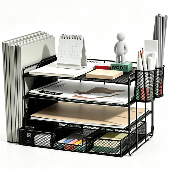 4 Tier Desktop File Organizer with Drawer & 2 Pen Holders Paper Letter Tray Office Home Desk Storage Organizer