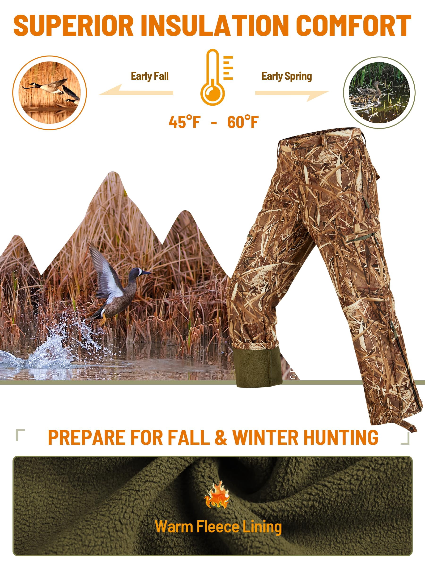 NEW VIEW Silent Camo Hunting Pants for Men Cold Weather, Fleece Lined Insulated Pants, Water-Resistant, Elastic Waist (Reeds Camo, L)