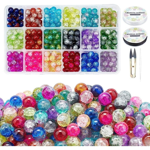 DIY Baking Painted Crackle Glass Beads Stretch Bracelet Making Kits include Steel Scissors Elastic Crystal Thread Stainless Steel Beading Needles Mixed Color