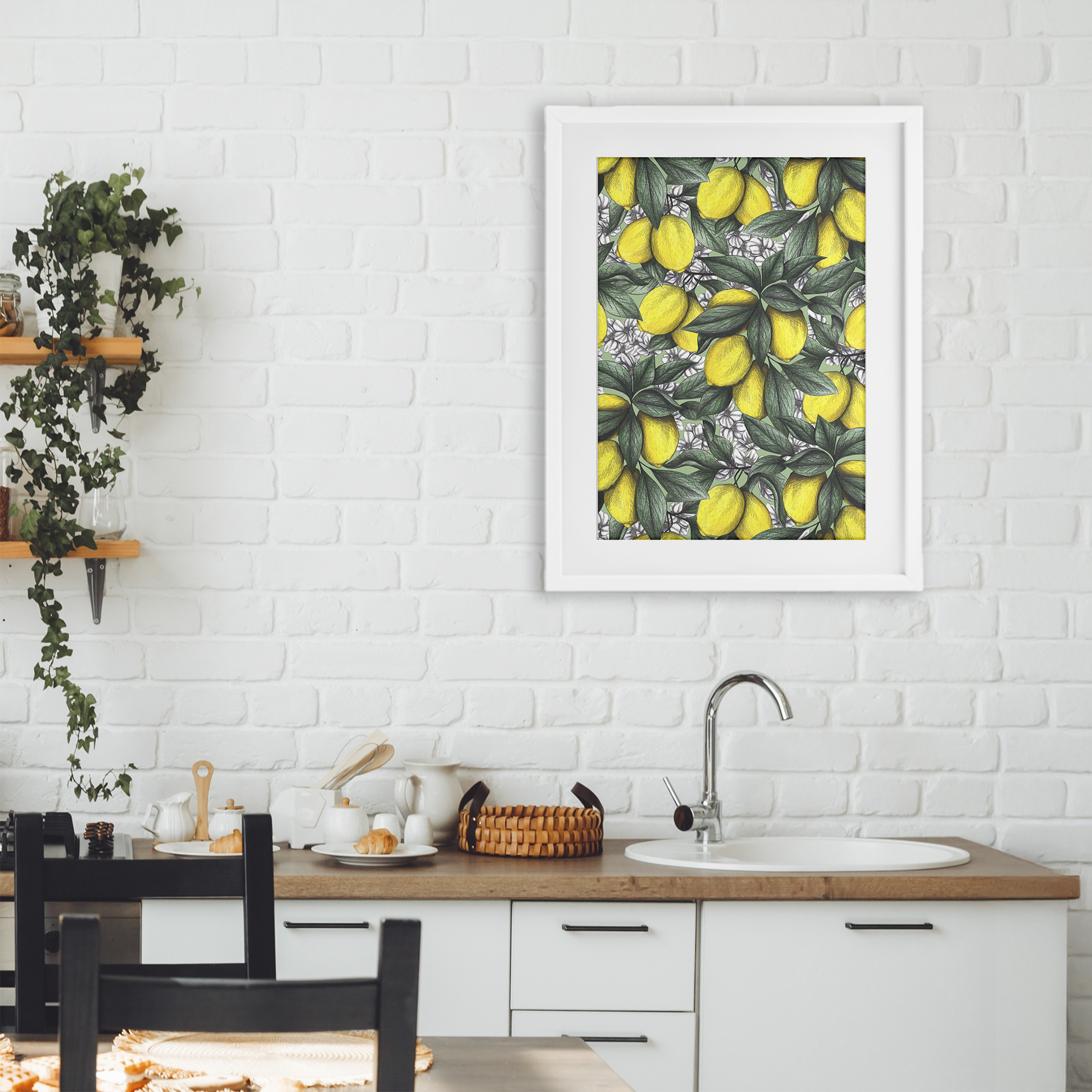 Under The Lemon Tree White Framed Print Under Glass, design by Cecilia Battaini