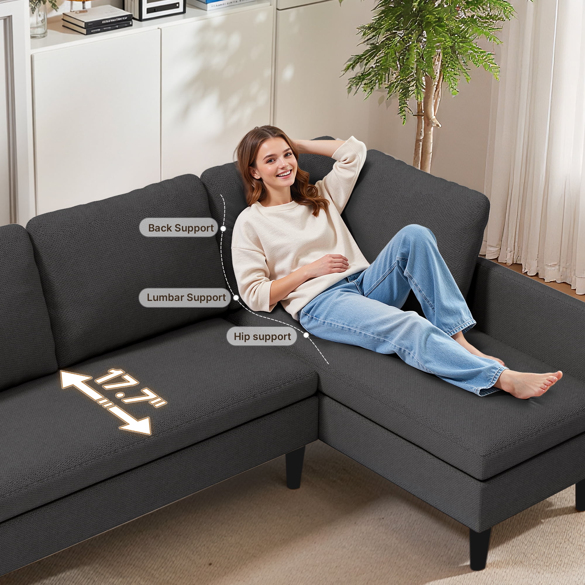L-Shape Convertible Sectional Sofa Bed - Deep Seating Space-Saving Sleeper Couch for Living Room Apartment Office, Dark Grey