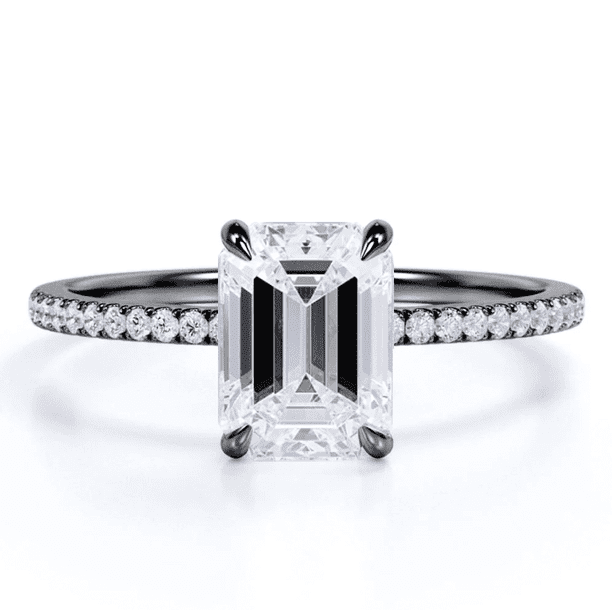 JeenMata Anillo de Compromiso Solitario de Talla Esmeralda de 1,75 Quilates en Oro Negro de 18 K sobre Plata