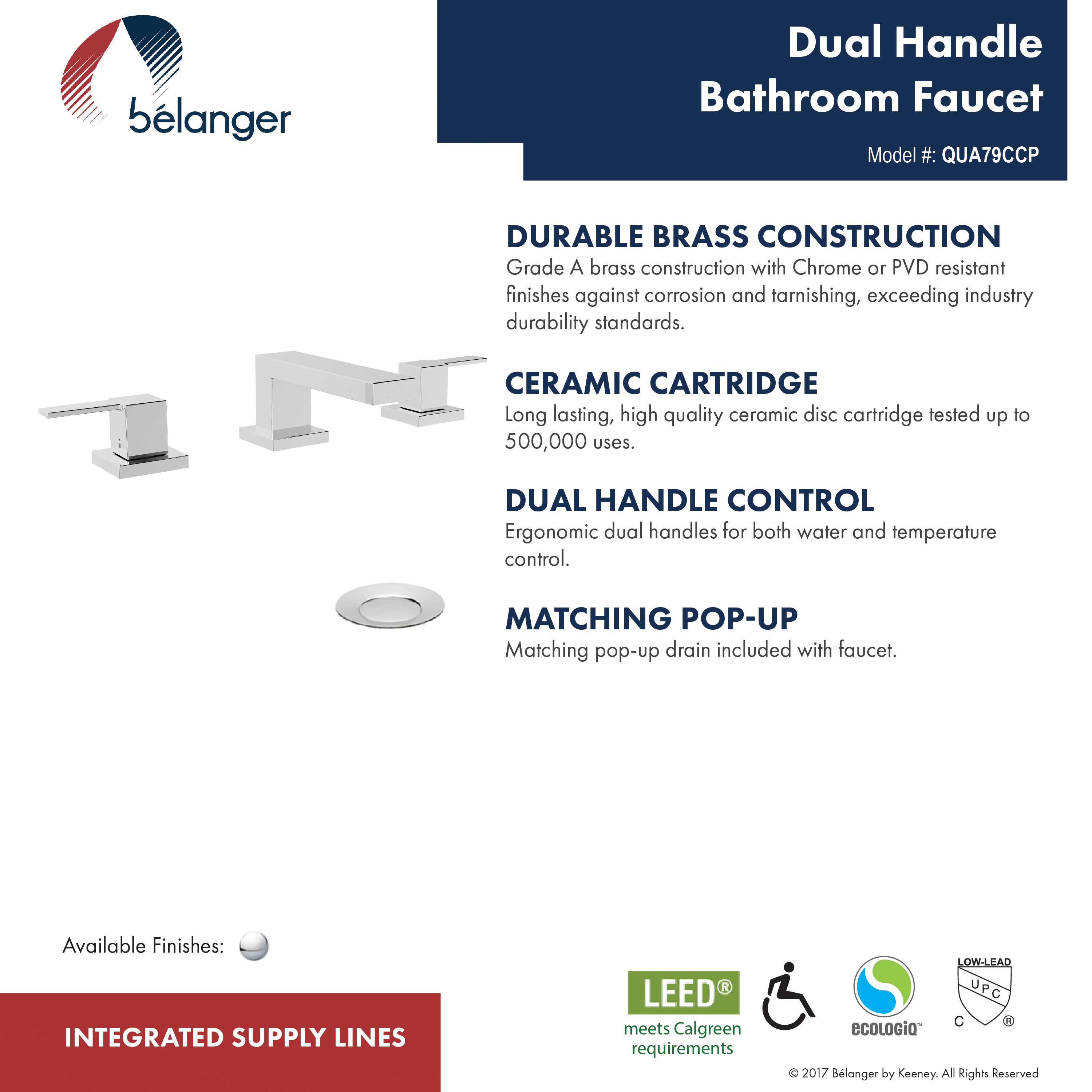 Belanger Dual Handle Wideset Bathroom Faucet with Drain, Polished Chrome
