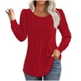 thumbnail image 2 of HKEJIAOI Tunique à Manches Longues Bouffantes pour Femmes, Col Rond Plissé, Blouses Décontractées, T-Shirts Amples et Élégants, Rouge L, 2 of 6