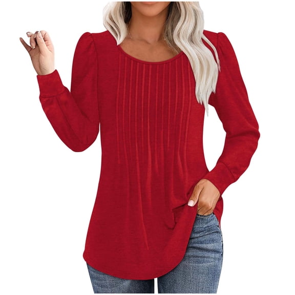 AOOCHASLIY Women's Pleated Long Sleeve Solid Tops Fall Crew Neck Casual Dressy Tunic Blouse Fashion Outfits Shirts 2025