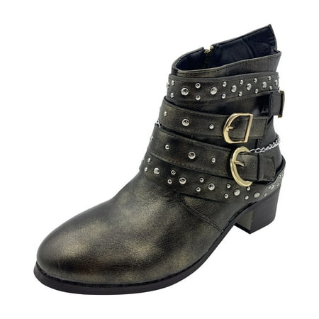 Babysbule Womens Shoes Clearance  Women s Winter Boots Girls Short Bootie Cowboy Motorcycle Leather Mid Heel Shoes Ankle Boots