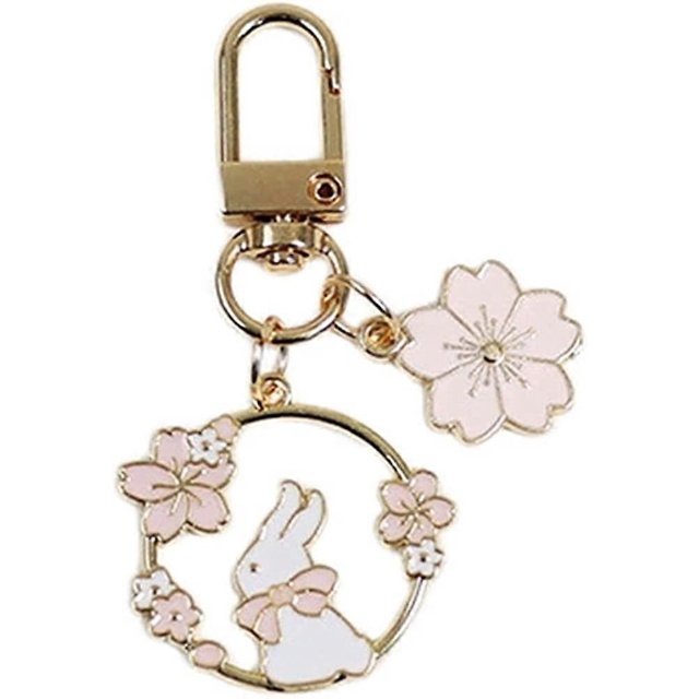 Llavero de conejo y gato, bonito, redondo, de metal, bonito, rosa, sakura, para coche, bolso, llavero, para niña, niño, pareja, joyería, colgante (B)