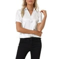 thumbnail image 1 of Camisa de satén con solapa y cuello en V para mujer INSPIRE CHIC, manga corta, casual, blanca, XS, 1 of 6