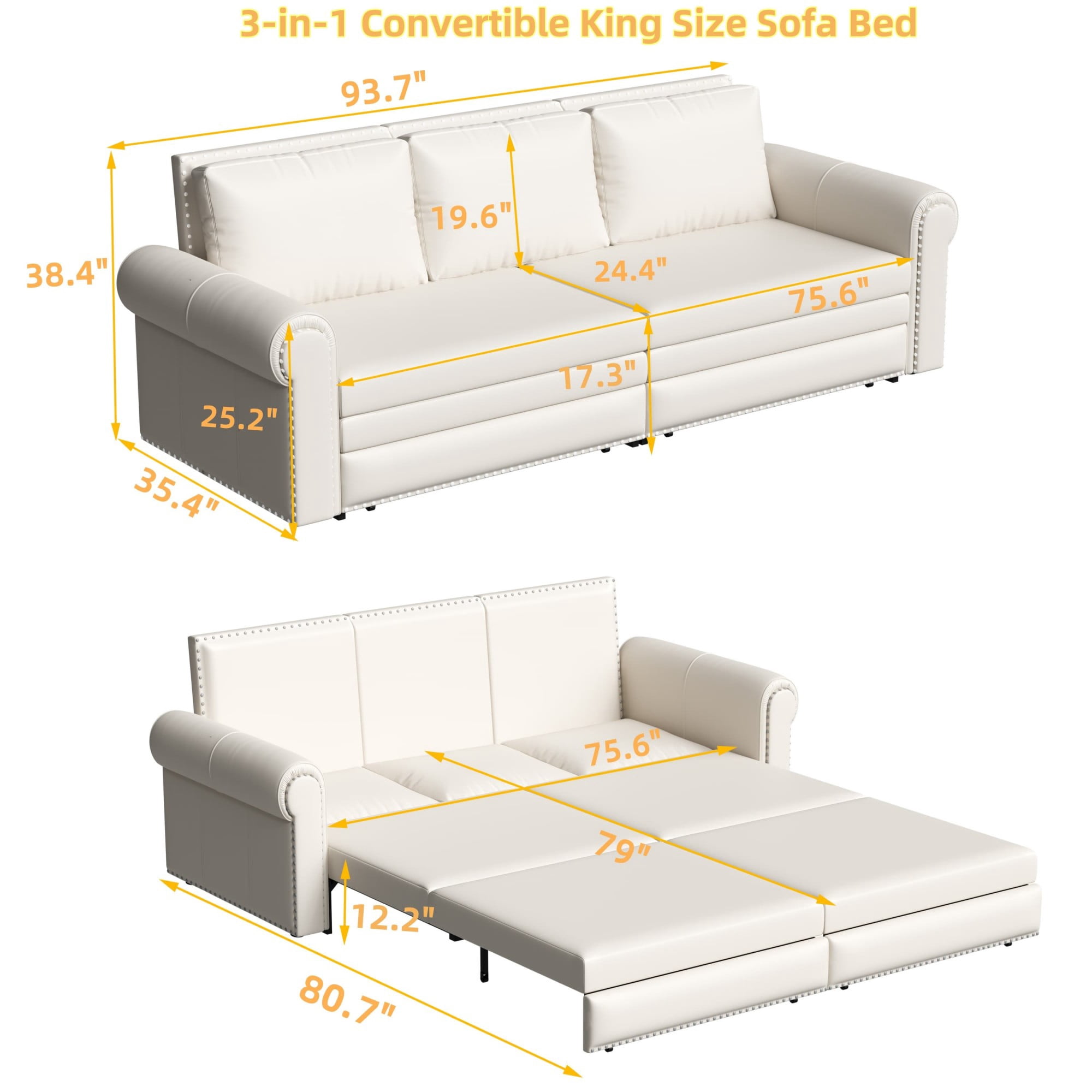 LLappuil King Size Pull Out Sofa Bed, Oversized Loveseat Sofa Convertible Sleeper Sofa Bed, Faux Leather Sofa Couch for Living Room Apartment Beige