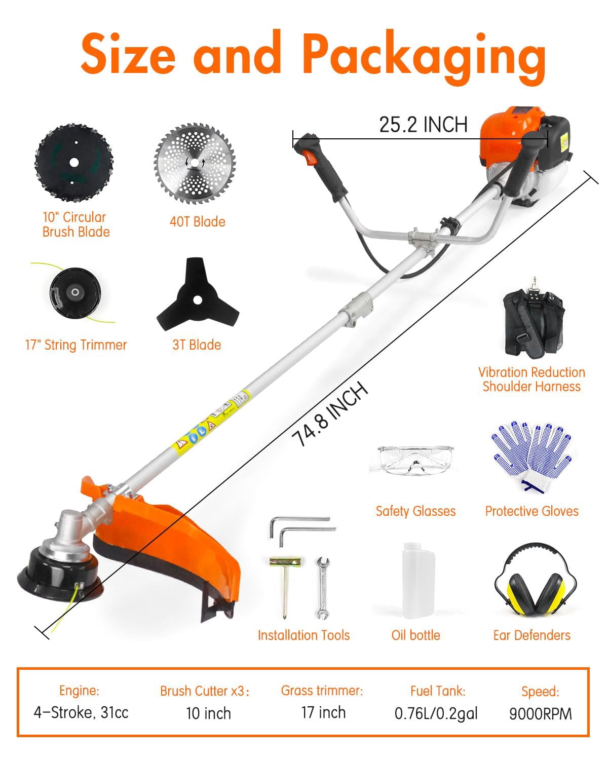 4-in-1 Gas Weed Eater, 31cc 4-Cycle String Trimmer, 1.5HP Heavy Duty Weed Wacker ,17" Grass Trimmer, Lightweight with Shoulder Strap for Lawn Garden Tough Yards