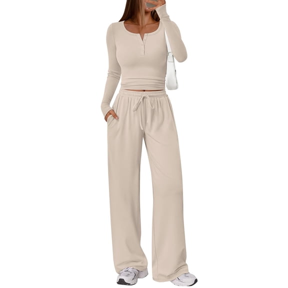 Women's Casual Two Piece Set, Slim Fit U Neck Long Sleeve Top and Wide Leg Pants, Elastic Drawstring Waist Set, Sporty Matching Outfit, Athleisure Set Beige L