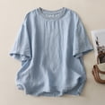 thumbnail image 2 of Women's Cotton Linen T Shirt Short Sleeve Ribbed Spliced Summer Casual Loose Pullover Top by Yigetop Blue XL, 2 of 8