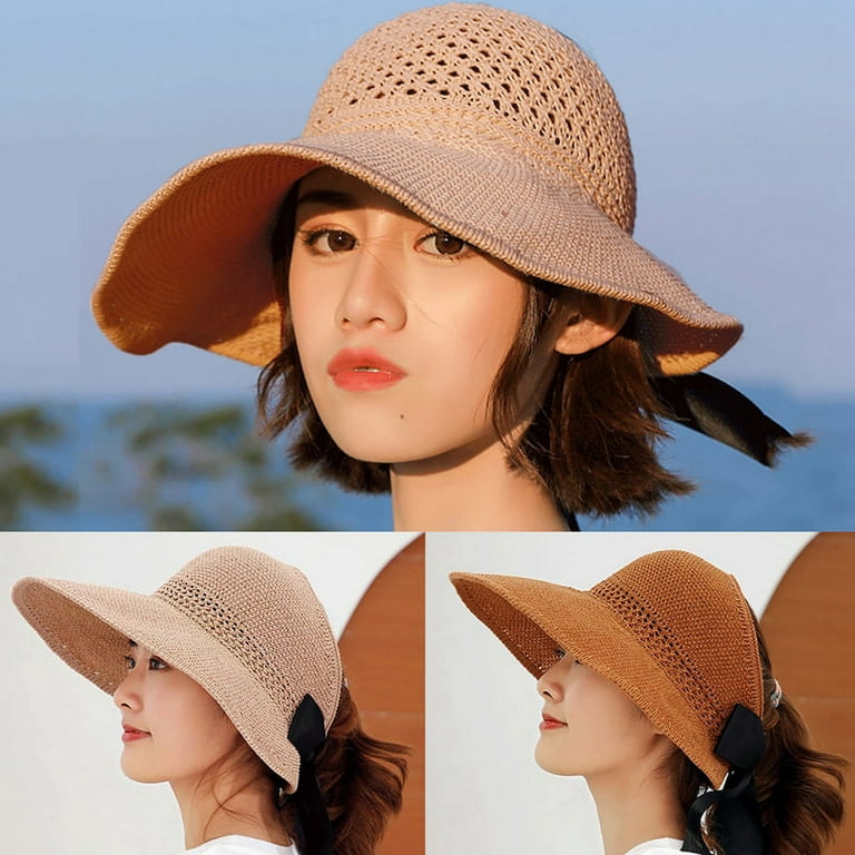 Peaoy Straw Sun Hat Wide Brim Hat Foldable Ponytail Hat Roll Up Beach Hat Fashion Sun Shade Hat for Women Girls, Women's, Size: One size, Beige