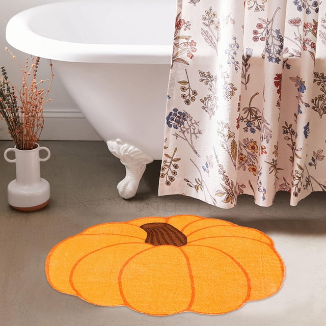 YIMWNYI Orange Pumpkin Bath Mat, Non-Slip Bathroom Rug, Cute Shaped Tub Shower Rug, Washable Microfiber Floor Mat, Fall Decor, Pumpkin Shaped Carpet