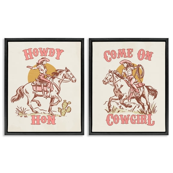 Stupell Industries Pastel Cowgirl Phrases Entertainment Painting Black Floater Framed Canvas Art Print Wall Art, 17 x 21, Set of 2