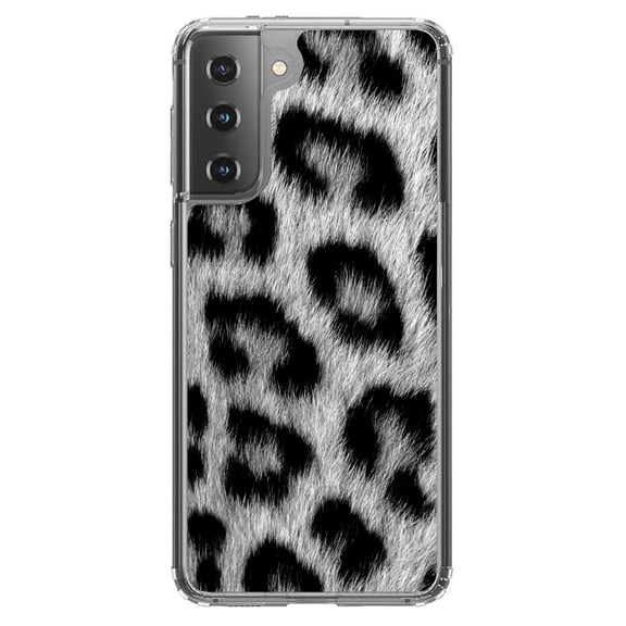 DistinctInk Clear Shockproof Hybrid Case for Galaxy S21 5G (6.2" Screen) - TPU Bumper, Acrylic Back, Tempered Glass Screen Protector - Black White Snow Leopard Fur Print