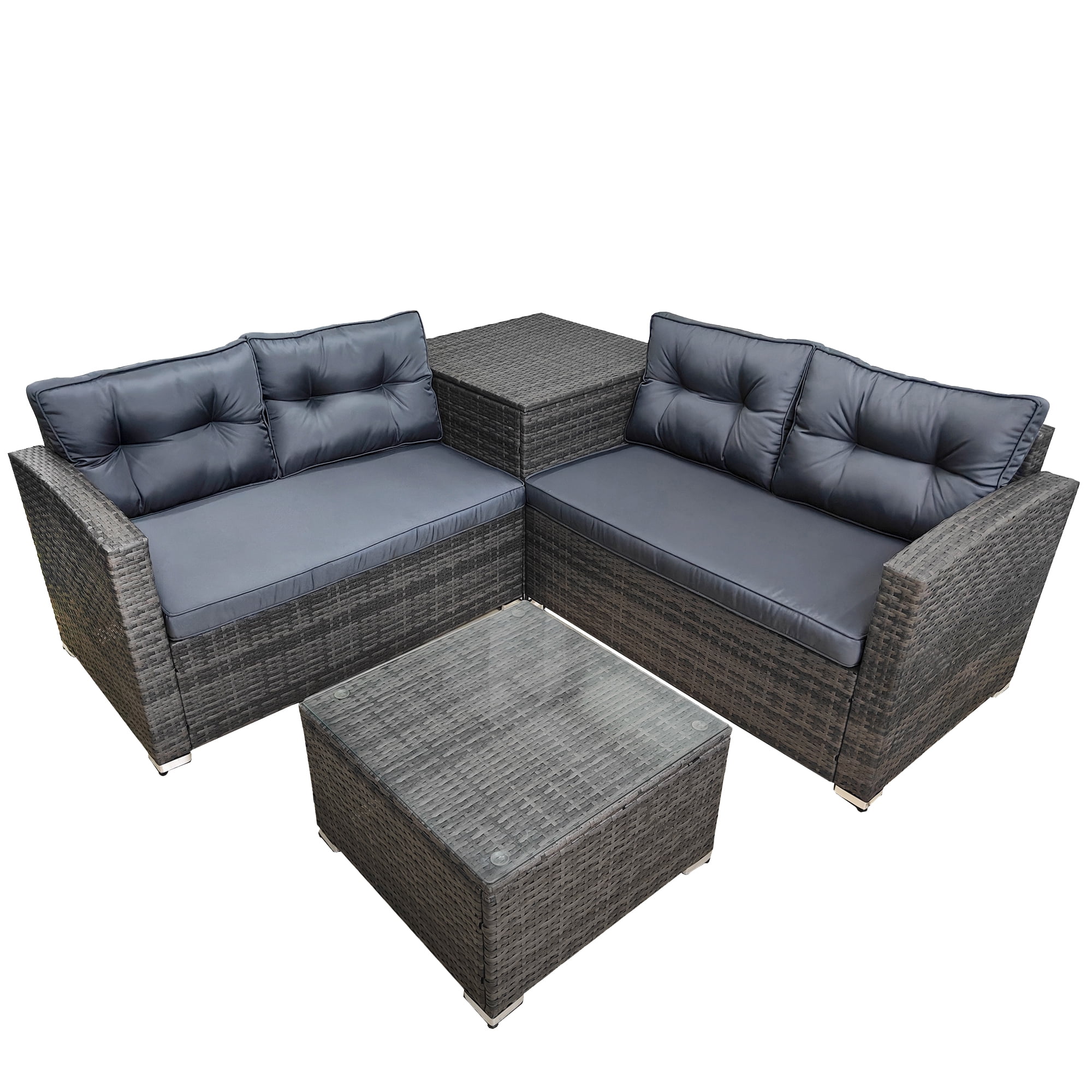 Rattan Patio Sofa Set, 4 Pieces Outdoor Sectional Furniture, All-Weather PE Rattan Wicker Patio Conversation, Cushioned Sofa Set with Glass Table & Storage Box for Patio Garden Poolside Deck