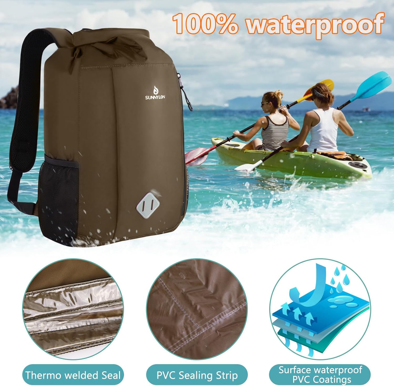Dry Bag Backpack, 20 L Waterproof with Waist Pouch and Phone Case,Dry bag for kayaking,Marine dry Kayaking, Beach, Rafting, Boating, Hiking, Camping Fishing (Coffee)