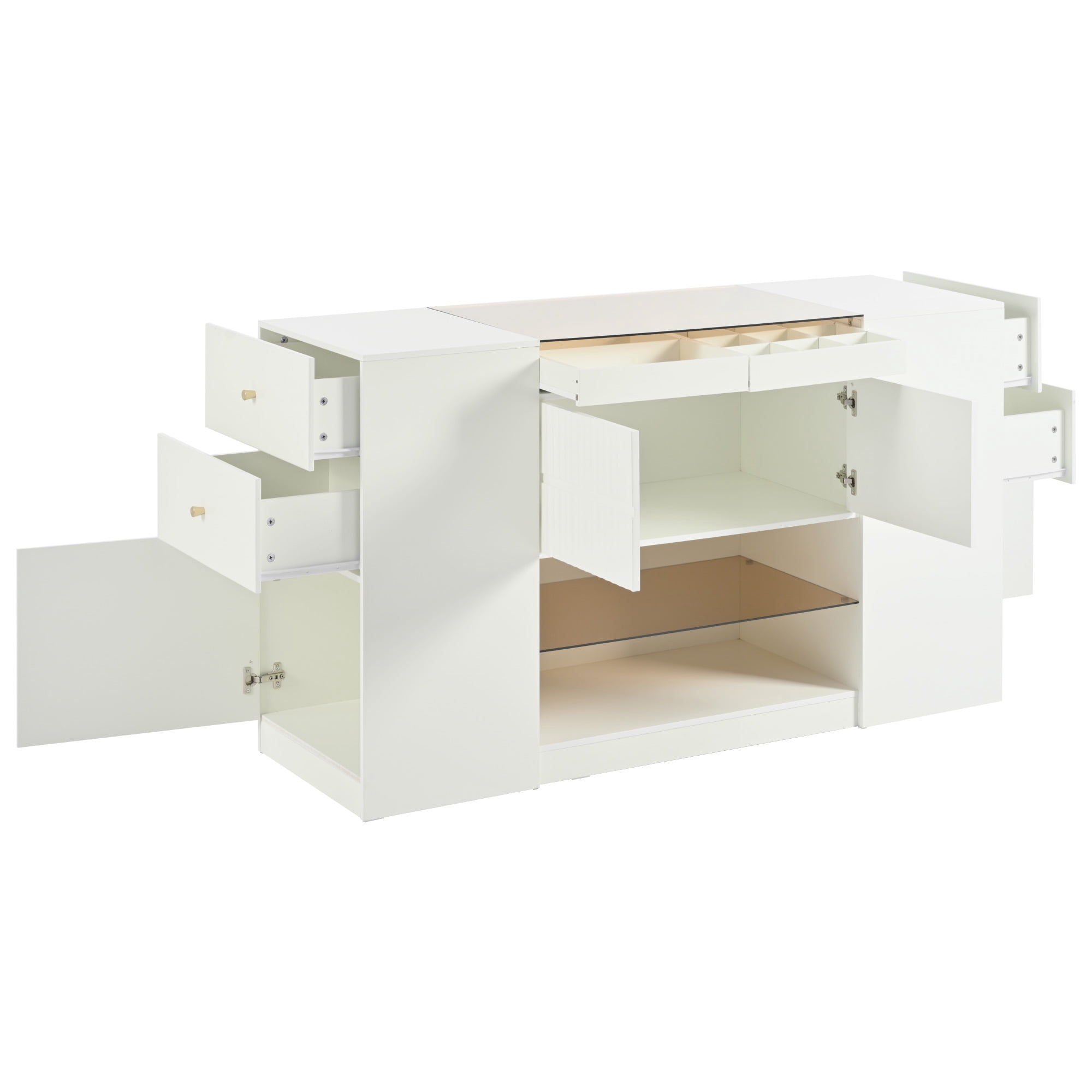 BaPiPro Modern Luxury Multi-Functional Island Vanity Dresser and Storage Cabinet with Glass Tabletop, Display Shelf, 6 Drawers, Cream White MDF