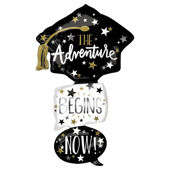 Anagram Giant Stacked Adventure Begins Grad Cap 61" Foil Balloon, Black White Gold