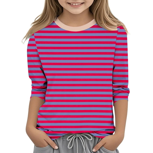Dealovy Chemises à Manches 3/4 pour Filles Été Col Rond Rayé Habillé Décontracté Imprimé Ample Tunique Confortable