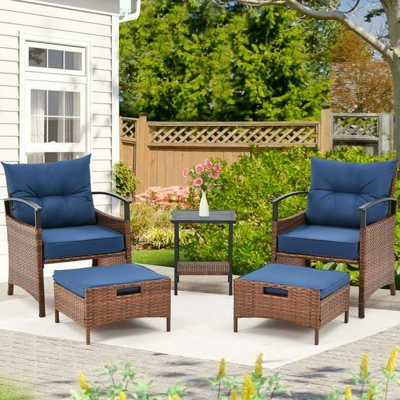 AVAWING 5PCS Outdoor Rattan Furniture Set, Patio Wicker Conversation Bistro Set for 2 People, Blue