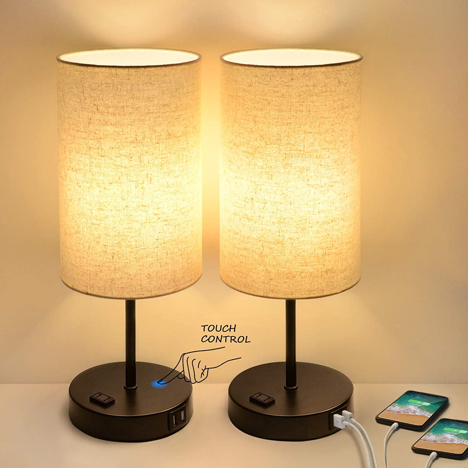 Set of 2 Touch Control 3Way Dimmable Table Lamp with 2 USB Ports