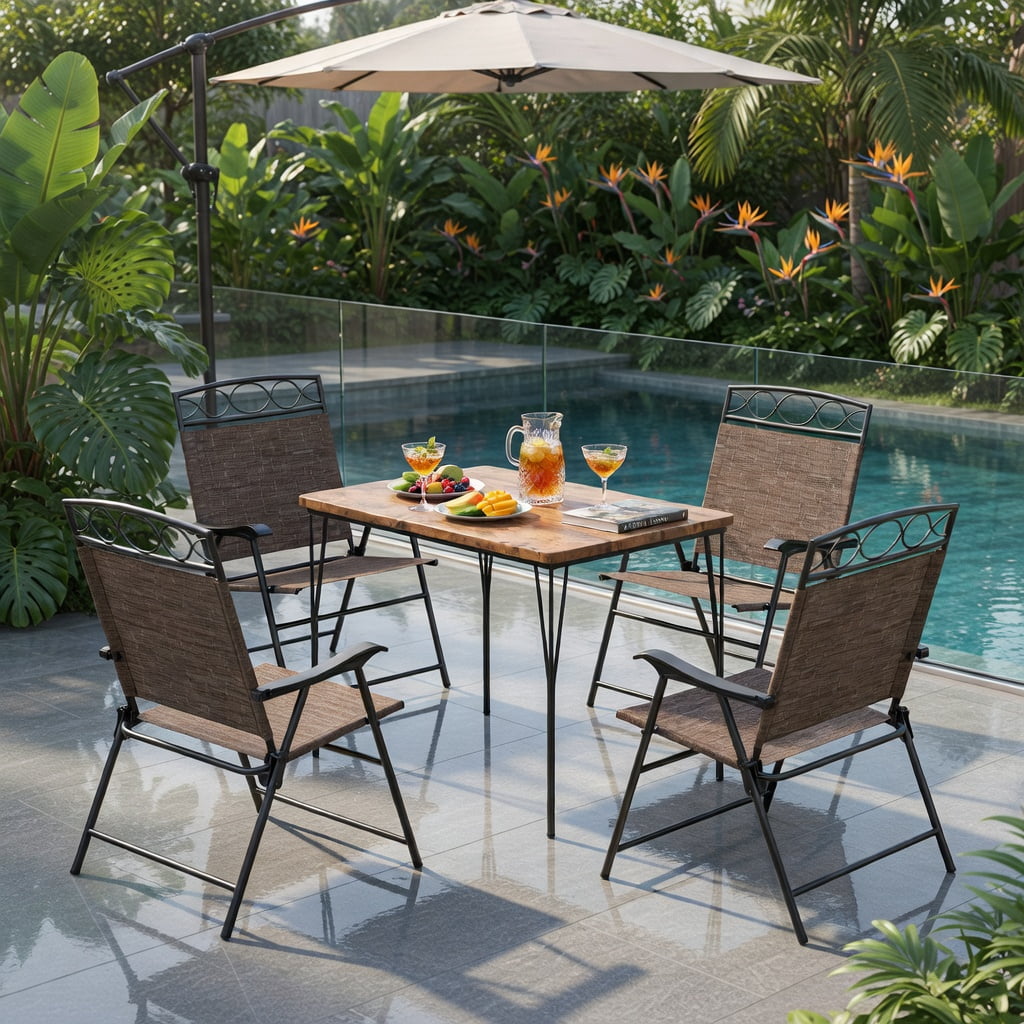 Hommoo 4-Pack Patio Folding Chairs with Armrests, Lightweight Outdoor Dining Chairs, Easy-Store Metal Frame & Breathable Fabric, Brown