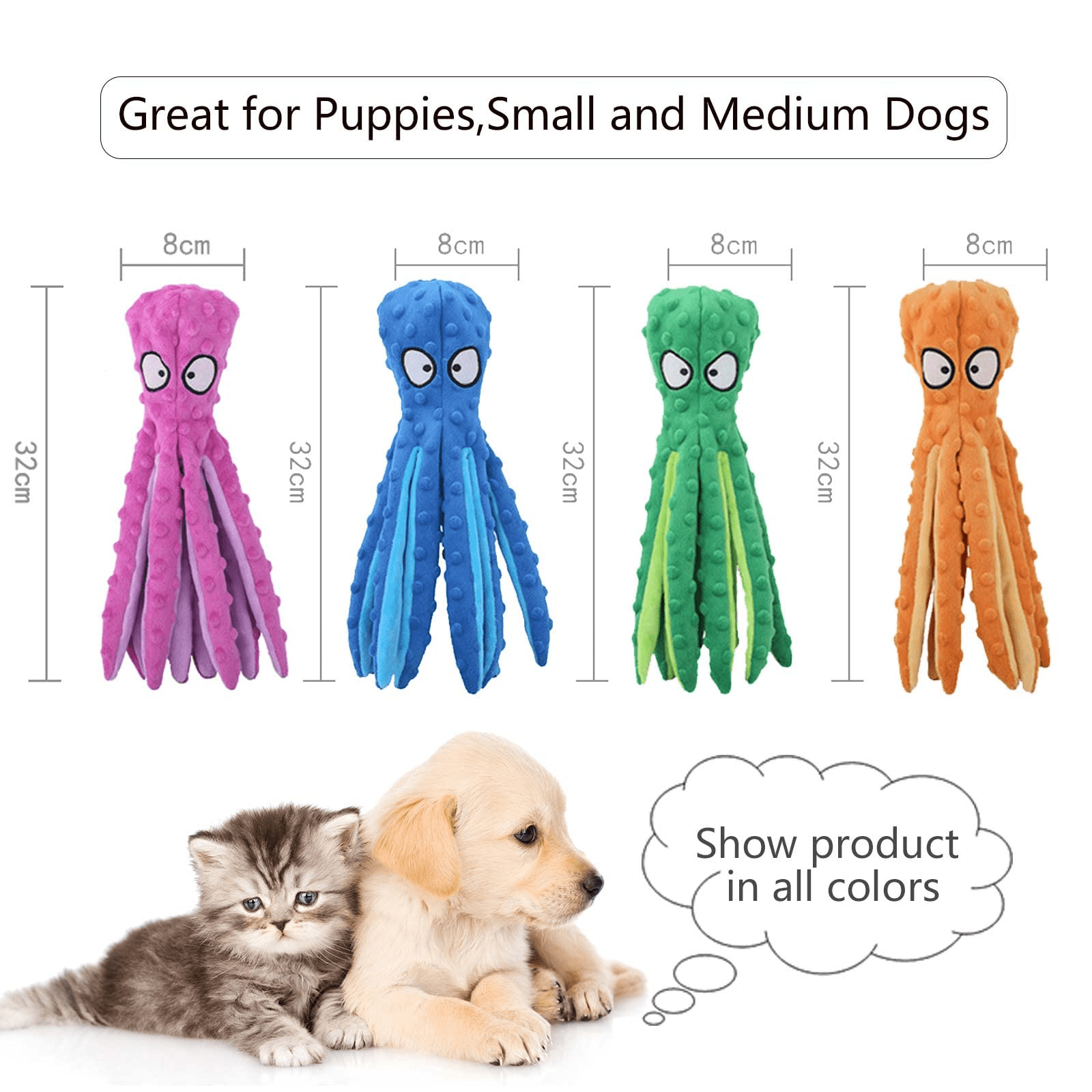 No Stuffing Crinkle Plush Dog Toys, 2 Pack Octopus Squeaky Dog Toys for Teething, Soft & Durable Interactive Dog Chew Toys for Puppies, Small, Medium and Large Dogs Training (Green+Orange)