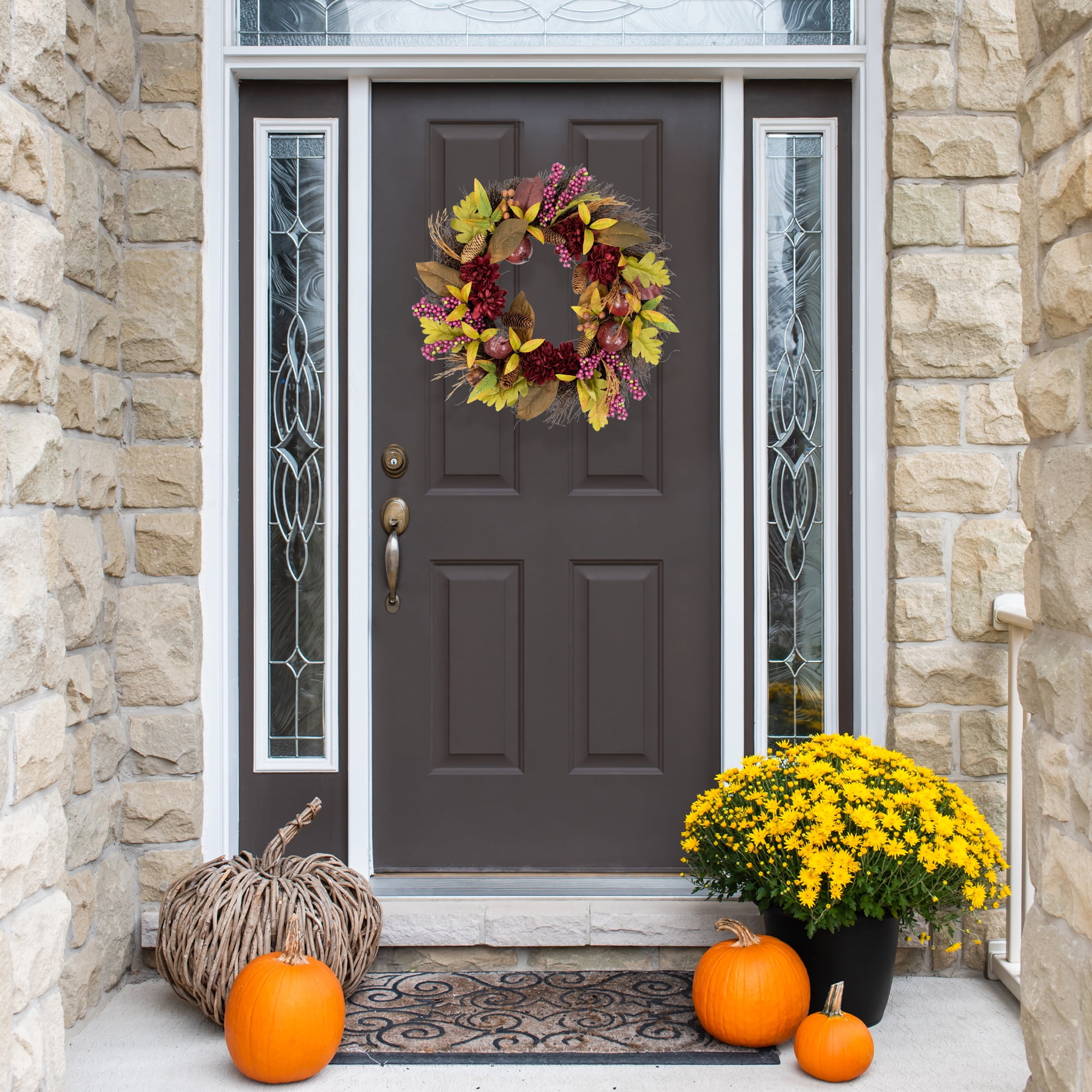 Northlight Mums and Pomegranates Artificial Fall Harvest Floral Wreath 28-Inch