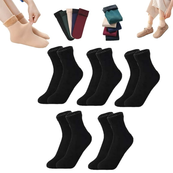 5 Pairs Of Thick Fleece-Lined, Warm, Snow Socks, 10PCS/5 Pairs Autumn Winter Socks, Cozy Crew Sock for Snow and Cold Weather (Black*5)