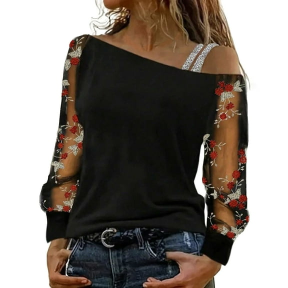 WAYUTE T Shirts For Women Festives Black Elegant Sexy New Year'S Eve Outfit Sequins Modern With Glitter Shirt Blouse Top Casual Loose Fit Outdoor Activities Daily Wear