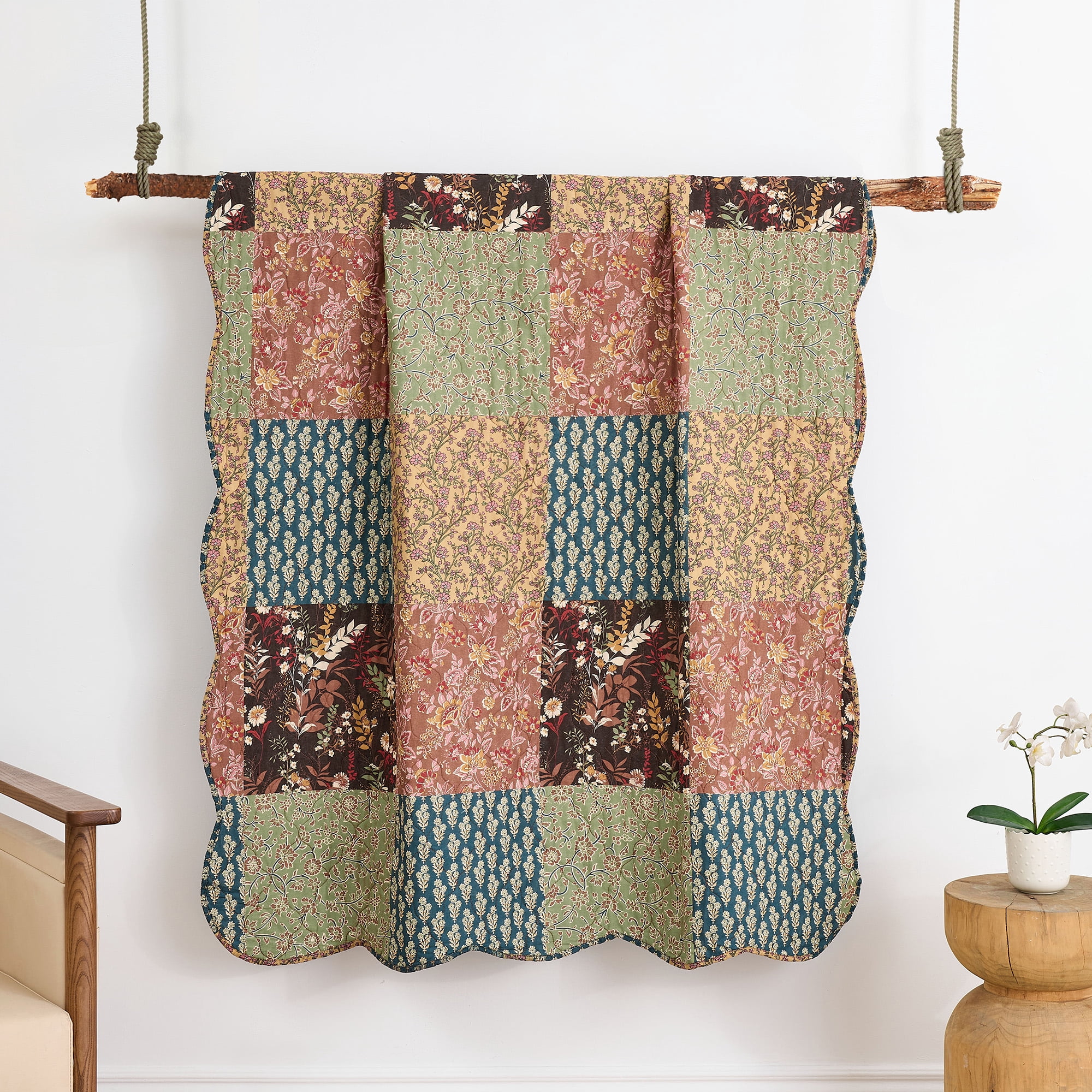Greenland Home Fashions Hazel Cotton-Rich Floral Patchwork Print Quilted Throw Blanket, for All Ages
