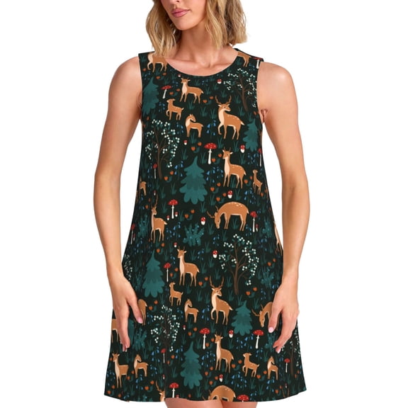 Kuqiui Deers In The Forest for Women's Sleeveless A-Line Dress with Pockets, Casual Knee Length Loose Tank Dress for Summer