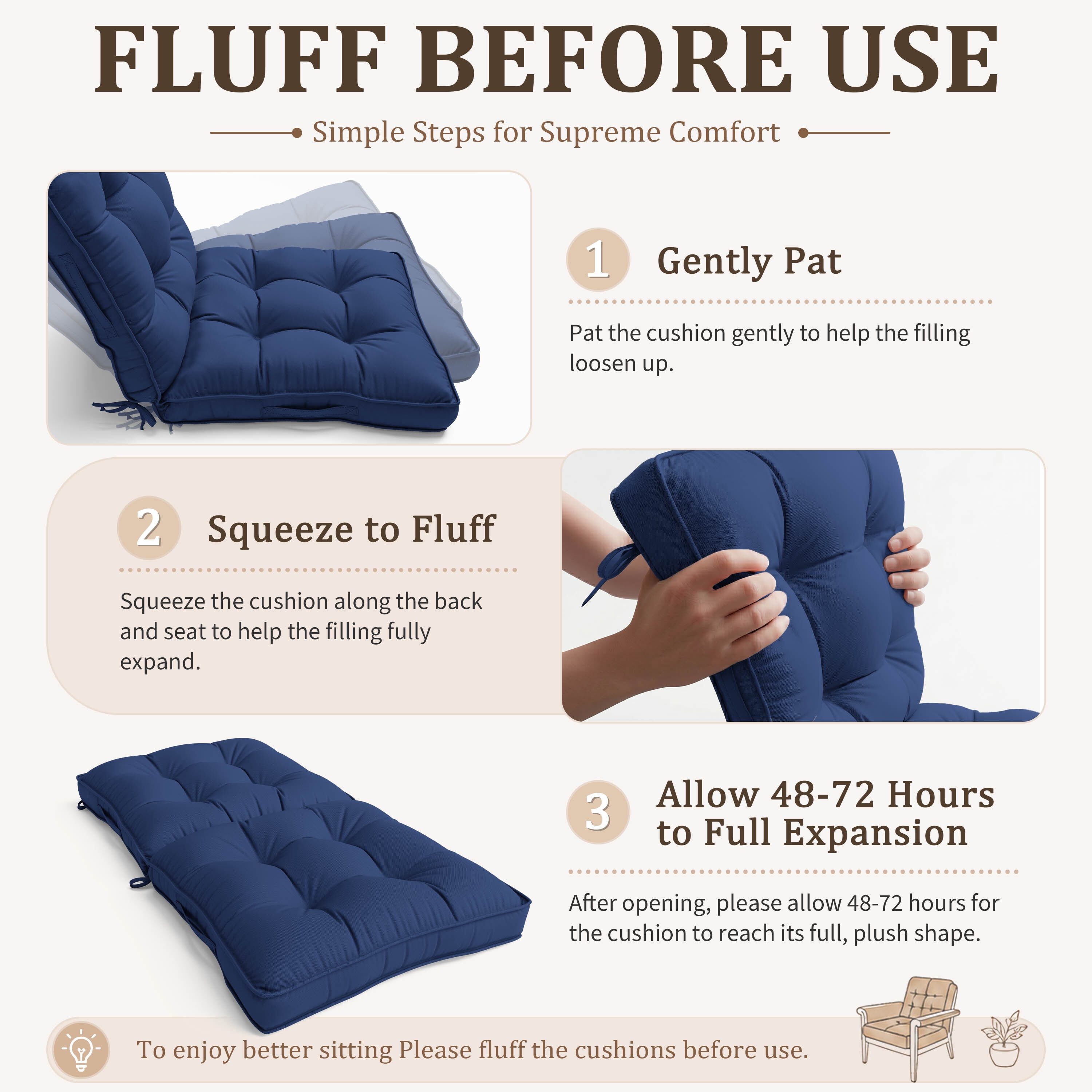 Kimunuk Outdoor Chair Cushions Set of 2, 42 x 21 x 4 in Non Slip Porch Swing Cushion Seat Back Cushions with Ties for Indoor Patio Rocking Chair, Blue