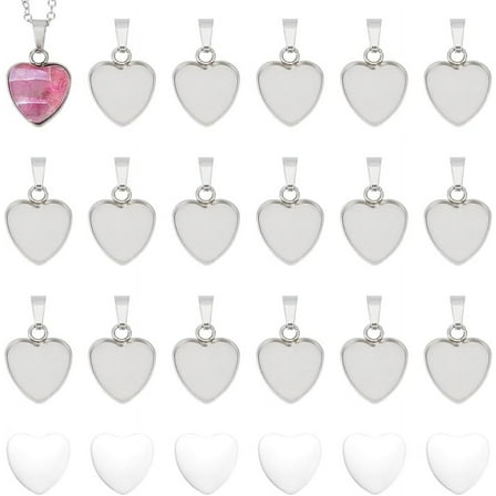 40 Sets Stainless Steel DIY Blank Heart Pendant Making Kit Blank Dome Bezel Trays Base Charms with Glass Cabochons Pendant Cabochon Settings