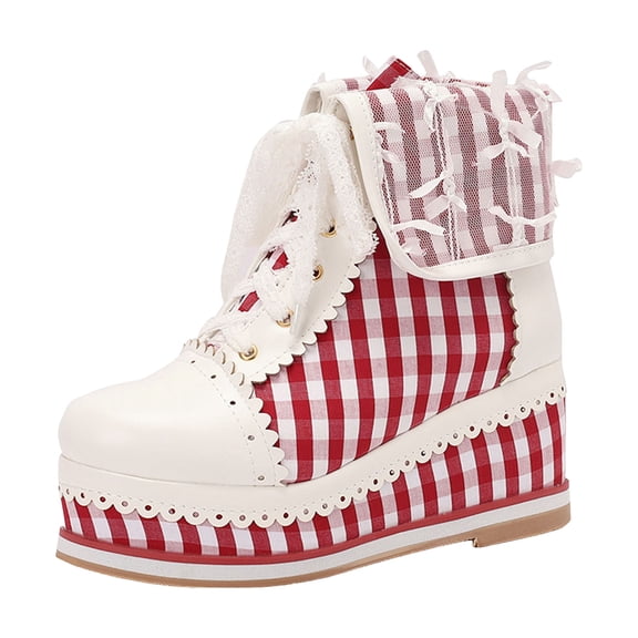 Women's Cute Lace Ankle Platform Boots Color Blocking Wedge Wide Toe BoxLace Up Short Dress Booties